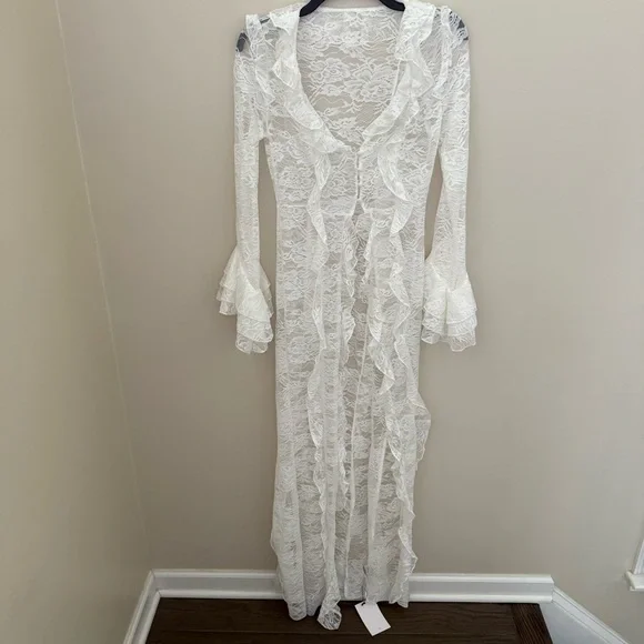 Women’s White Long Sleeve Ruffle Sheer Lace Maxi Dress Top Kimono - Picture 2 of 13